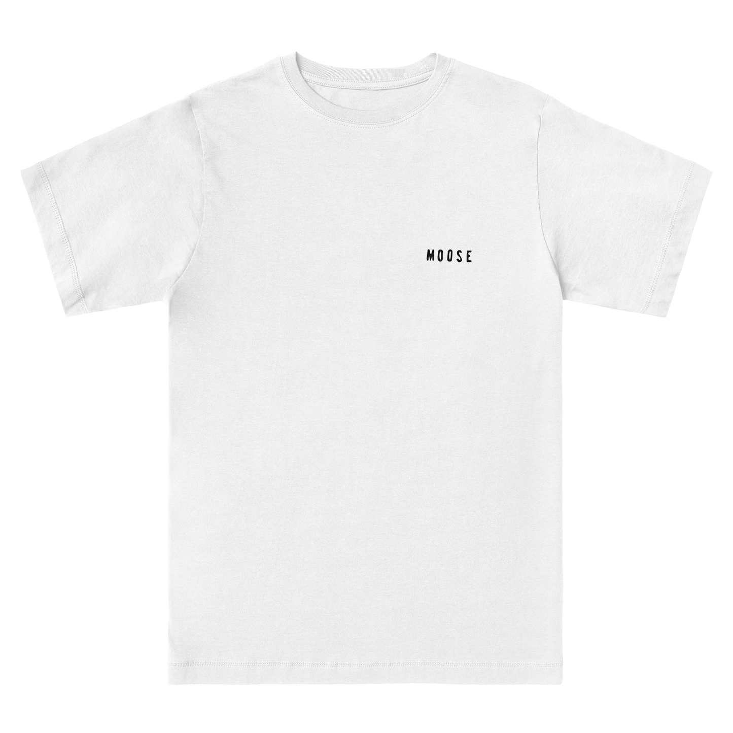 White t-shirt with 'MOOSE' logo on a white background