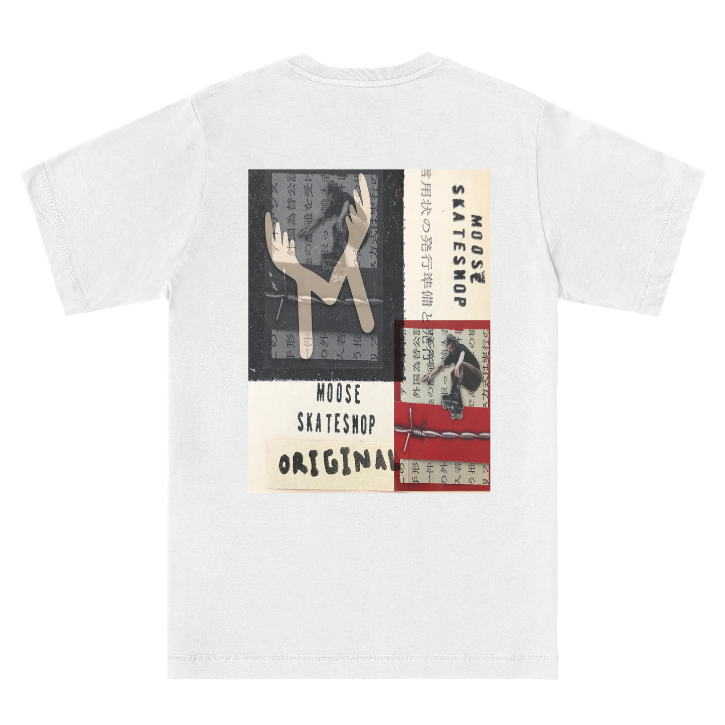 White t-shirt with graphic design on the back featuring text and images.